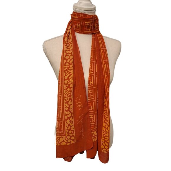 Effy Hematian Women's Scarf Orange Logo Animal Print  Sheer Rectangular 68X27" - Picture 1 of 5